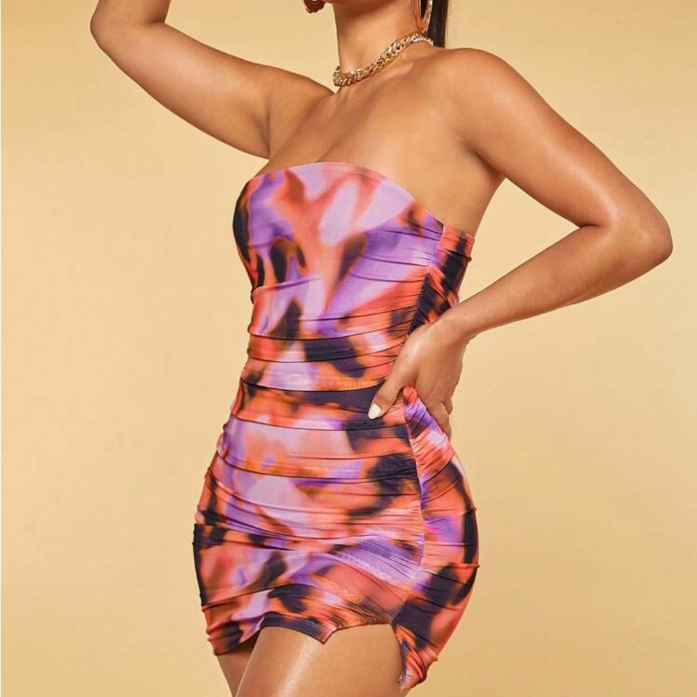 Vibrant Strapless Dress in Purple and Orange